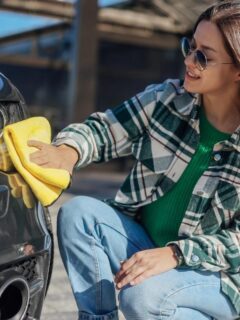 A woman in sunglasses wiping a car’s headlight with a yellow microfiber towel, emphasizing careful drying techniques.