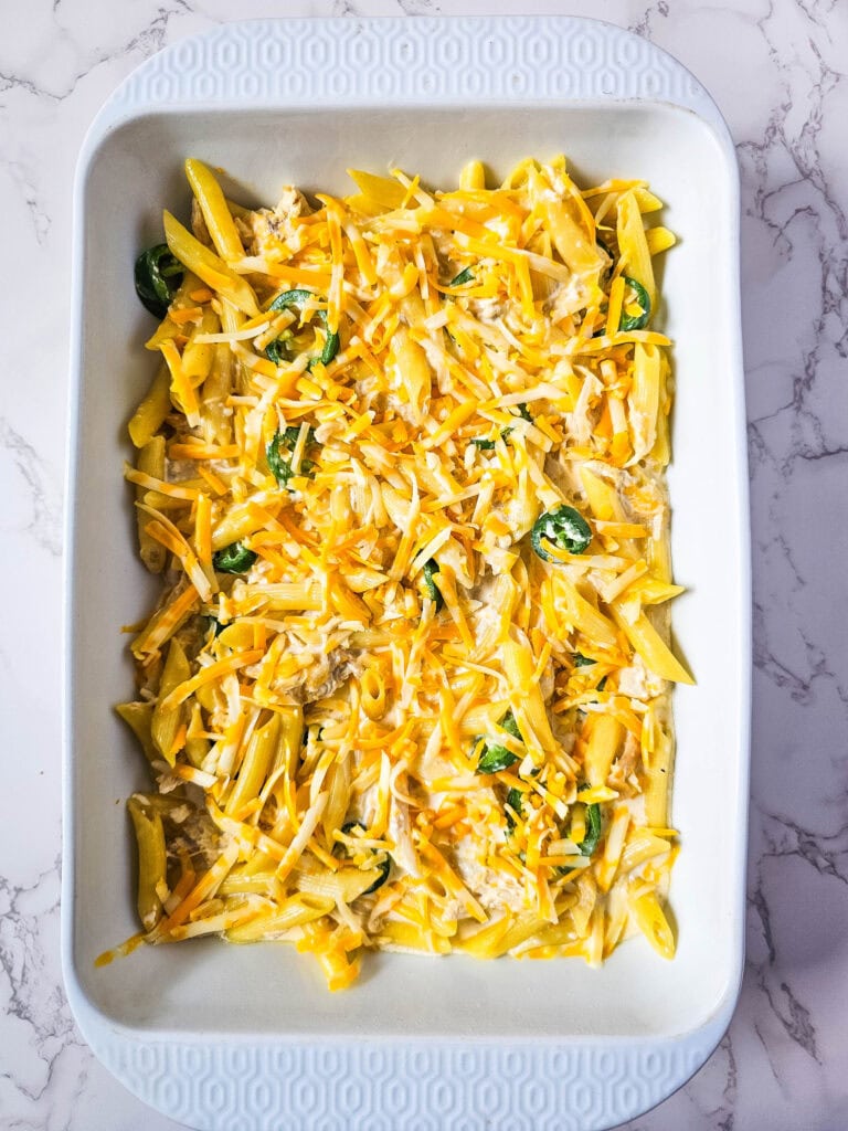 Shredded Colby Jack sprinkled over the casserole before baking for a melty cheese topping.