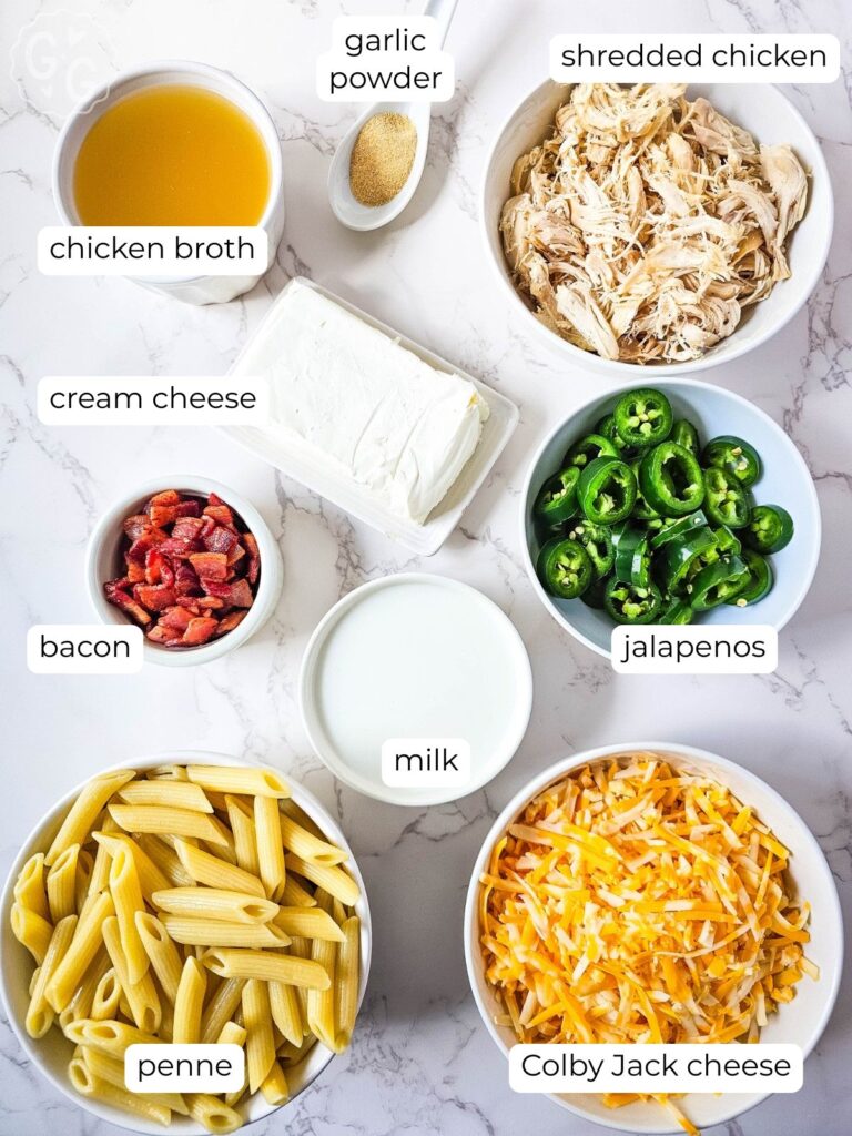 Ingredients for jalapeño popper chicken casserole: cooked penne, shredded chicken, cream cheese, Colby Jack, jalapeños, bacon, chicken broth, milk, and garlic powder.”
