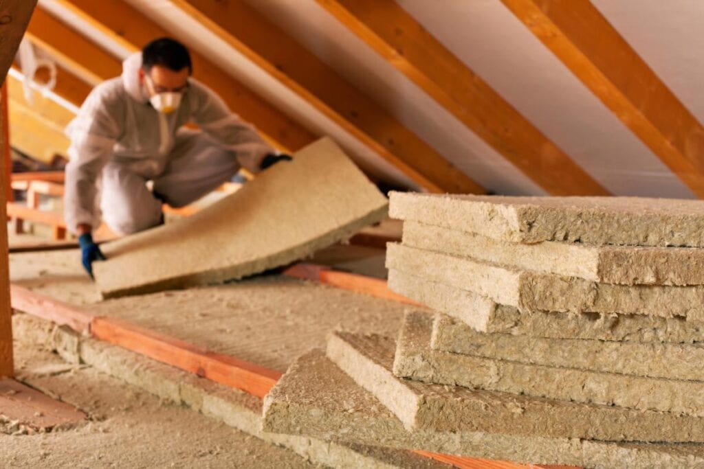 Contractor in protective gear installing thick insulation panels in an attic to improve home energy efficiency.
