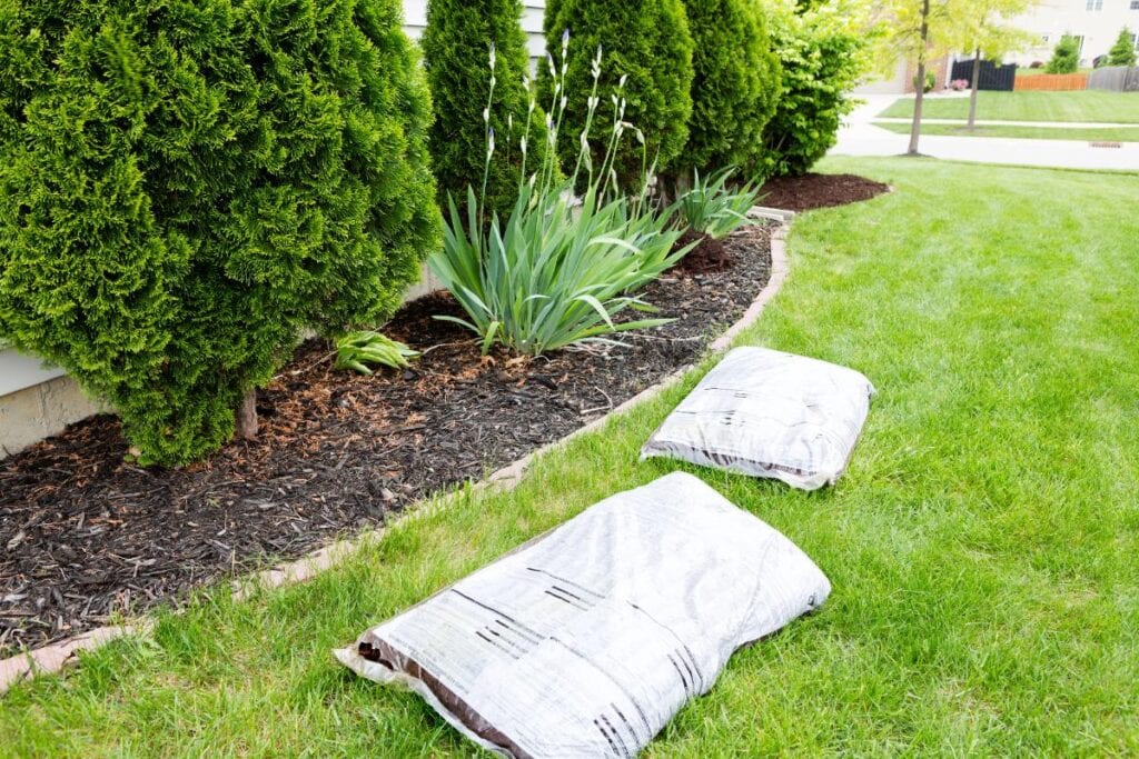 bags of mulch in front of shrubs