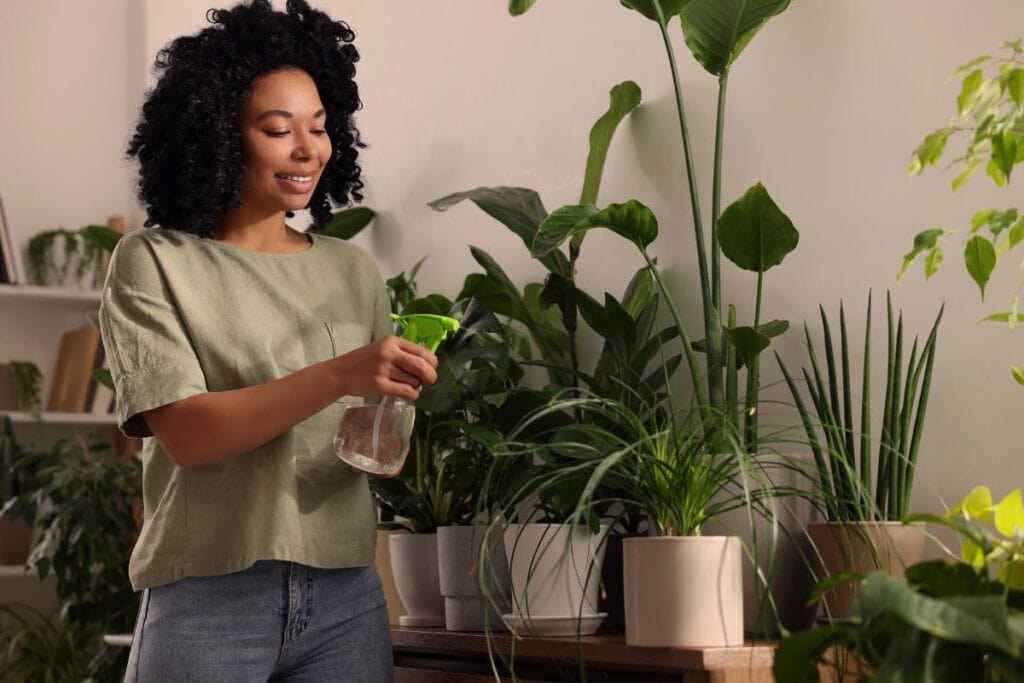 Smiling woman using a spray bottle to mist a variety of indoor plants in pots, maintaining healthy greenery indoors.