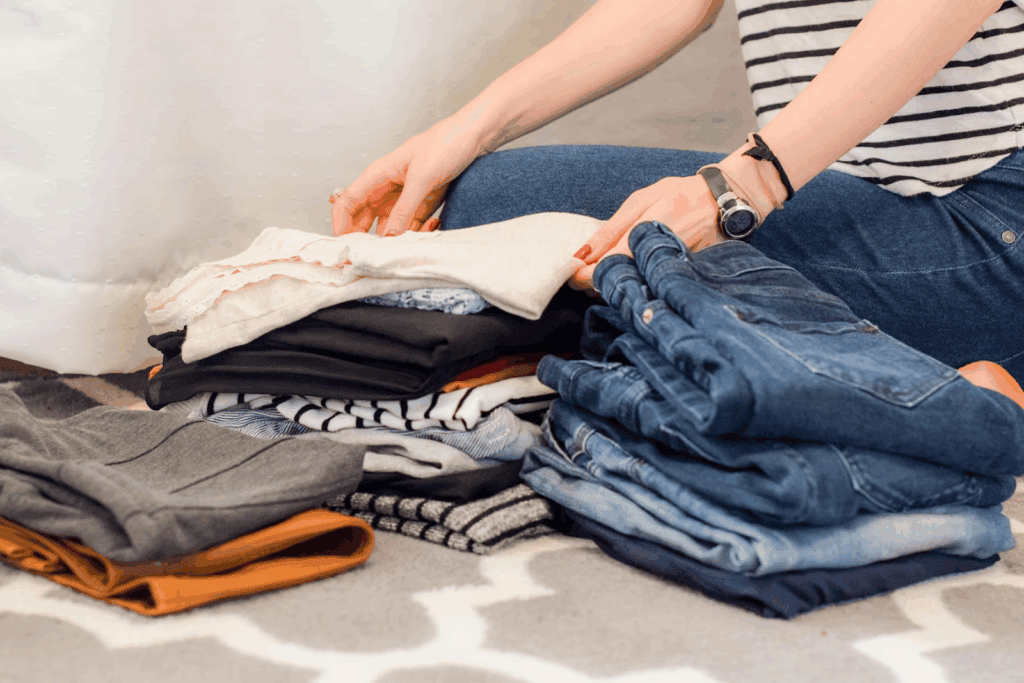a woman folding laundry while sitting on the floor