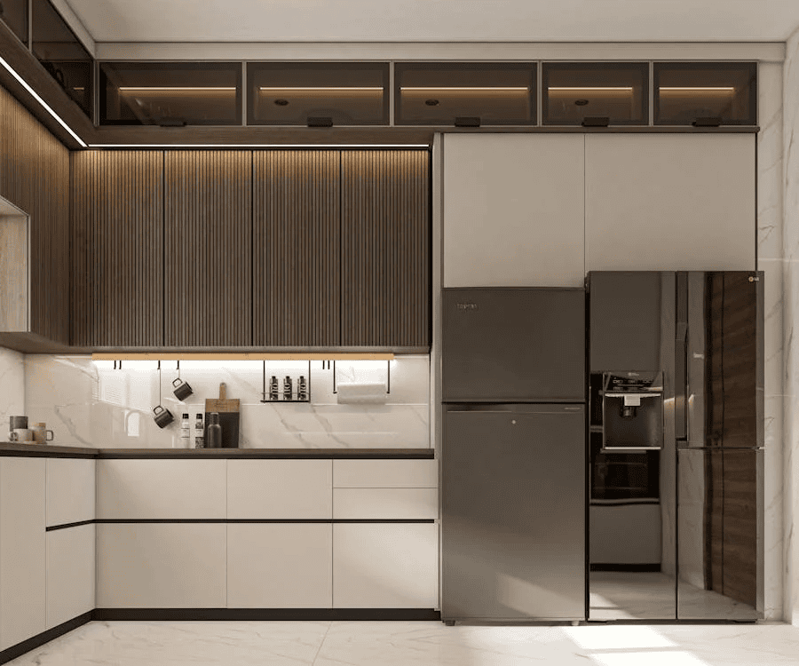 Modern kitchen remodel with sleek cabinets and integrated appliances in a renovated fixer-upper home.