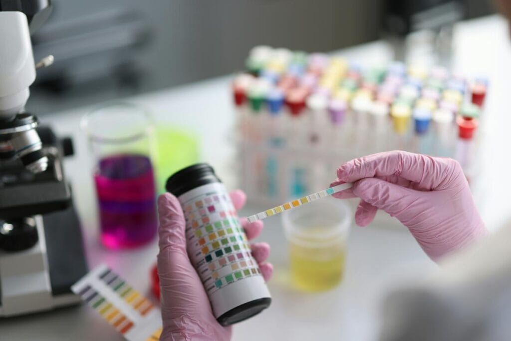 Lab technician wearing pink gloves compares a urine test strip against a colour chart to interpret results, with lab equipment in the background.