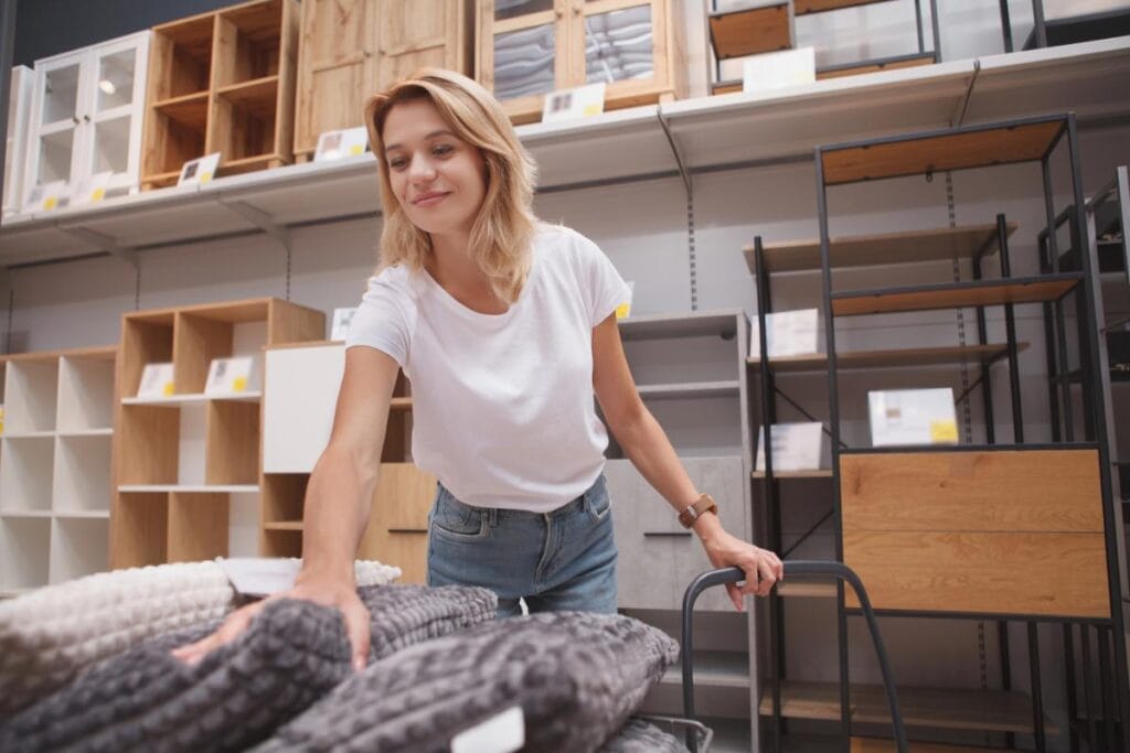 A woman in a white shirt and jeans examines textured cushions in a furniture store aisle filled with shelving and cabinets.