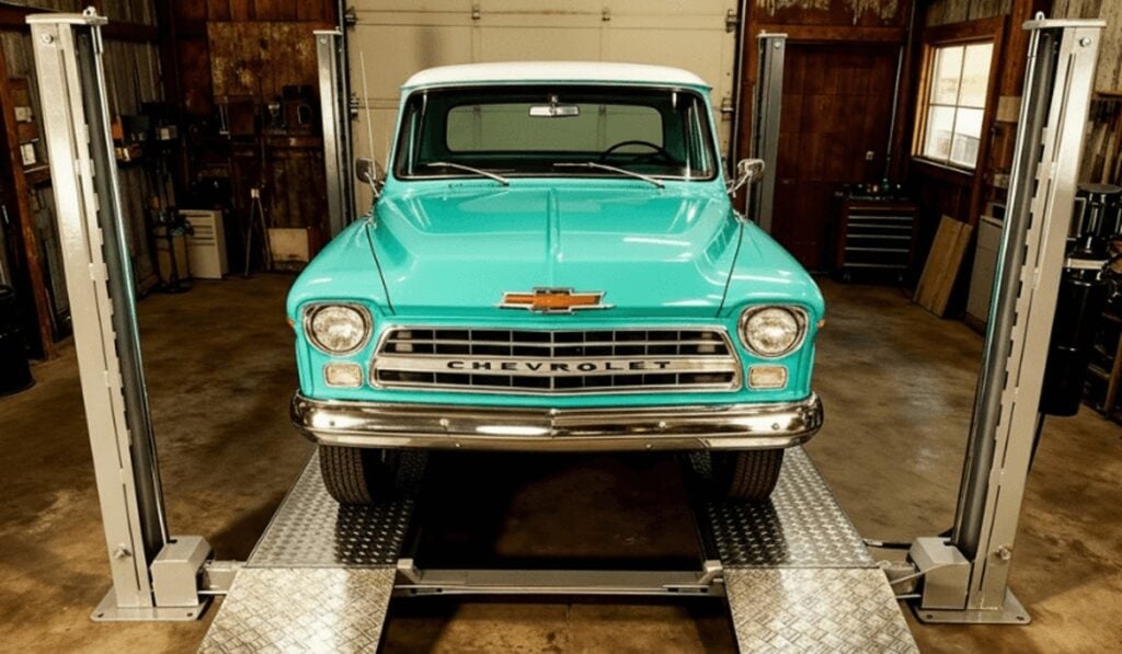 Turquoise vintage Chevrolet pickup on four-post lift