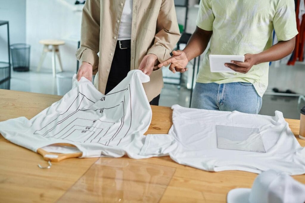 Two people reviewing t-shirt design placements using printed guides on white shirts laid out on a table.