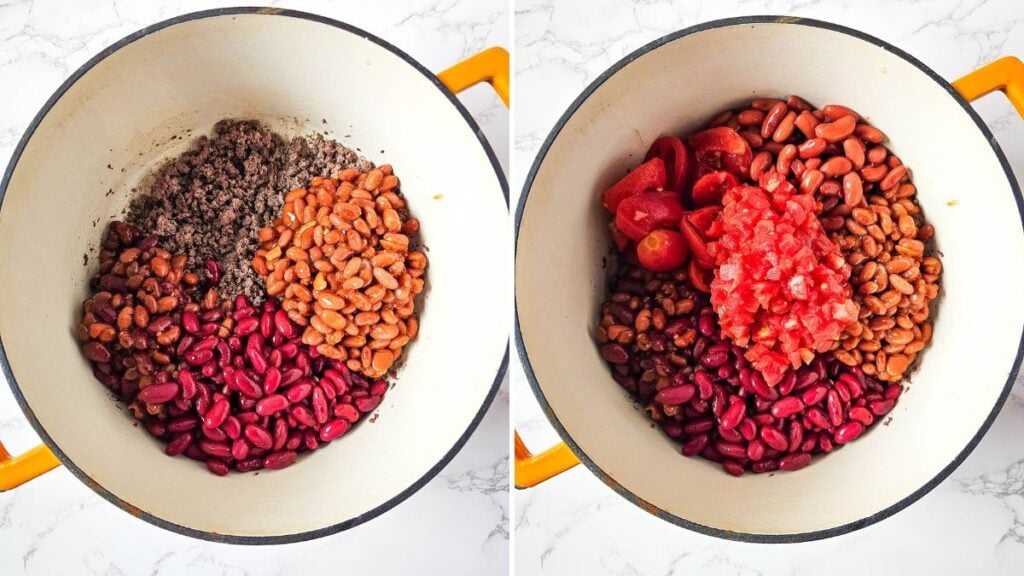 collage of adding venison chili ingredients to the pan along with the ground venison