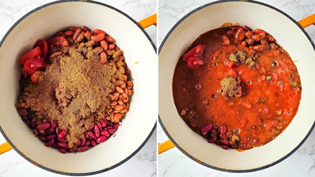 adding spices and liquid to the venison chili ingredients