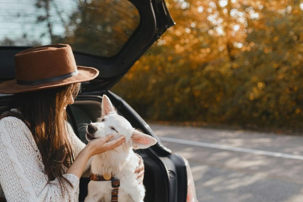 A woman wearing a brown hat gently cups her white dog&rsquo;s face while sitting at the open back of a car during a peaceful autumn road trip stop.