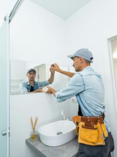A handyman wearing a tool belt adjusts a rectangular mirror above a bathroom sink, showcasing a simple yet impactful renovation task.