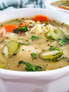 Close-up of homemade chicken orzo soup with carrots, celery, pasta, and fresh herbs in a white bowl.