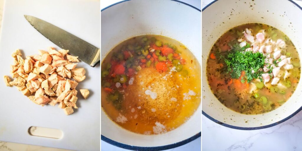 Step-by-step collage showing cooked chicken being chopped, orzo added to simmering broth with vegetables, and chicken and herbs stirred into the soup.