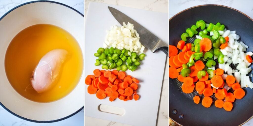 Process collage showing chicken breast simmering in broth, vegetables chopped on a cutting board, and carrots, celery, and onion saut&eacute;ing in a skillet.