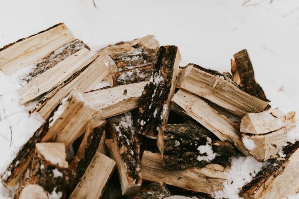 Split firewood pieces resting in the snow outdoors, ready to be seasoned for winter burning.
