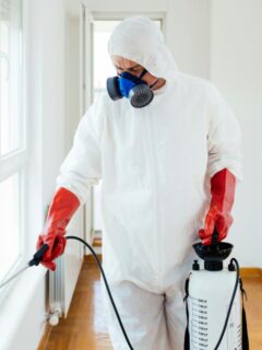 pest control expert spraying hallway in home