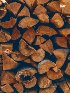 Close-up of stacked split firewood showing dry, cut logs arranged tightly for storage.
