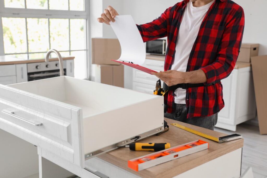 Person installing a kitchen drawer and reviewing plans during a renovation, highlighting practical design and smart storage solutions.