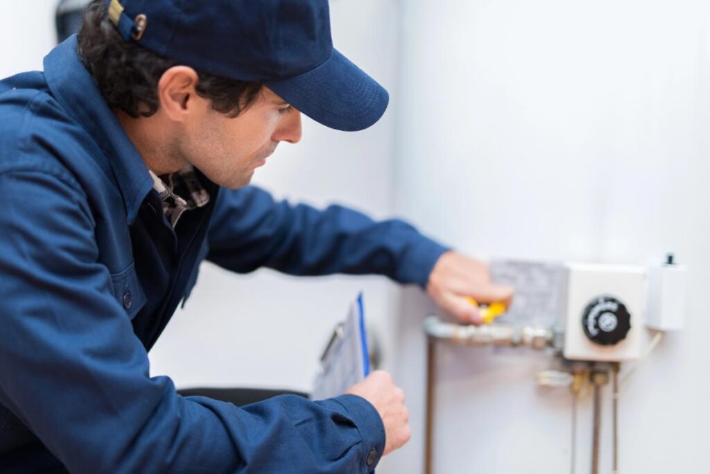 Plumber inspecting water heater components with a wrench while diagnosing potential leak near the bottom of the tank.