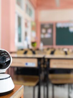 Indoor classroom security camera placed on a desk with empty student desks behind it, illustrating smart monitoring systems used for school safety.