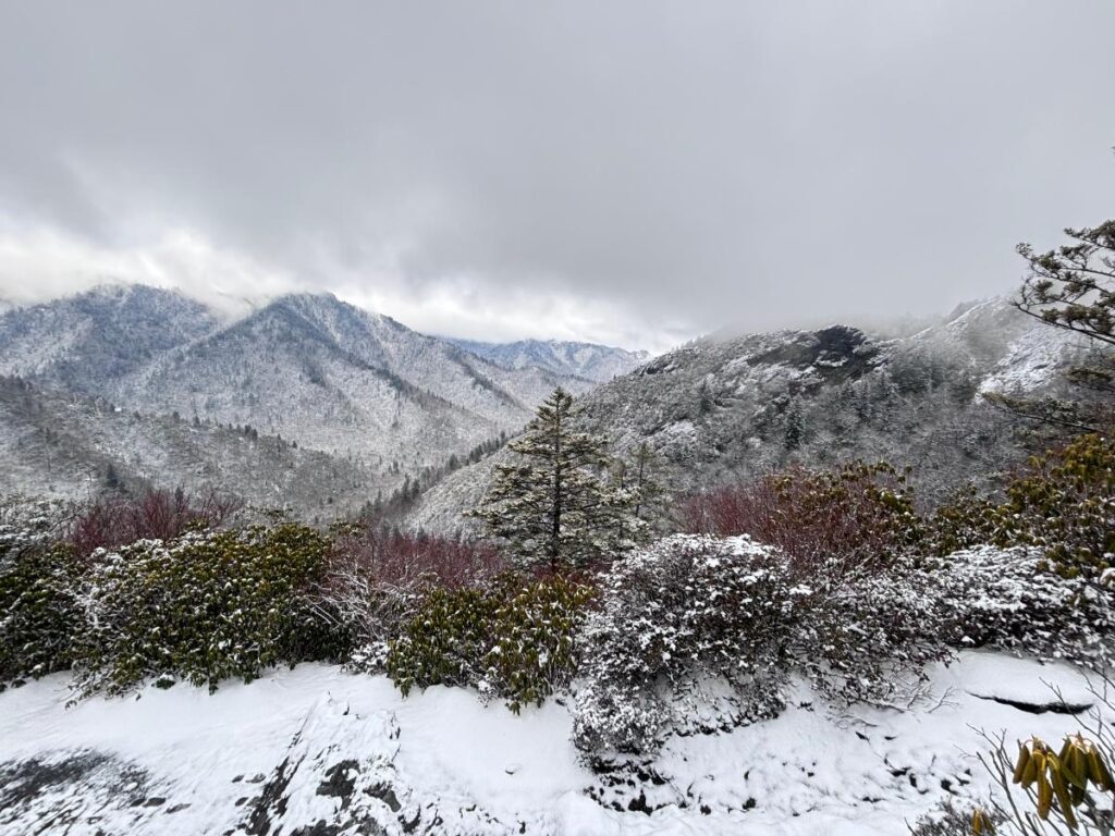 Snow-covered landscape in the Smoky Mountains with frosted trees and misty peaks during a peaceful winter day.