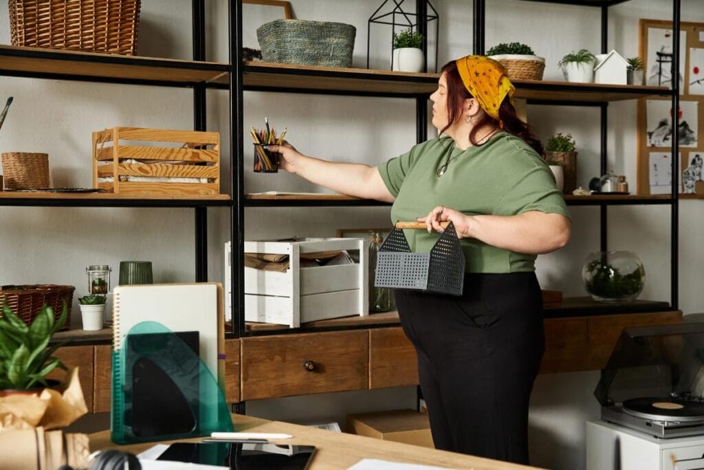 a woman organizing her art supplies in a small room
