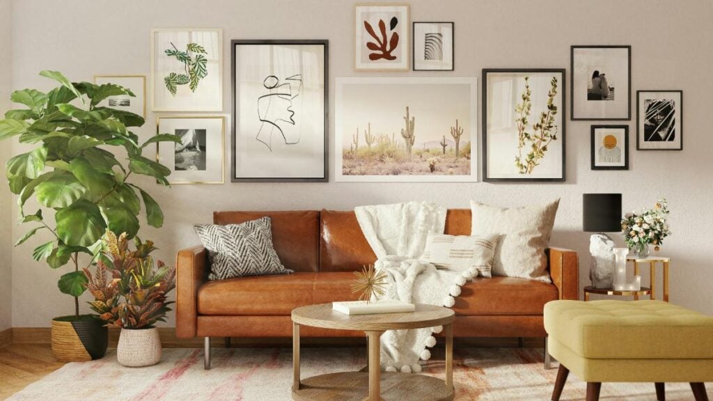 decorated living room with wall art and houseplants