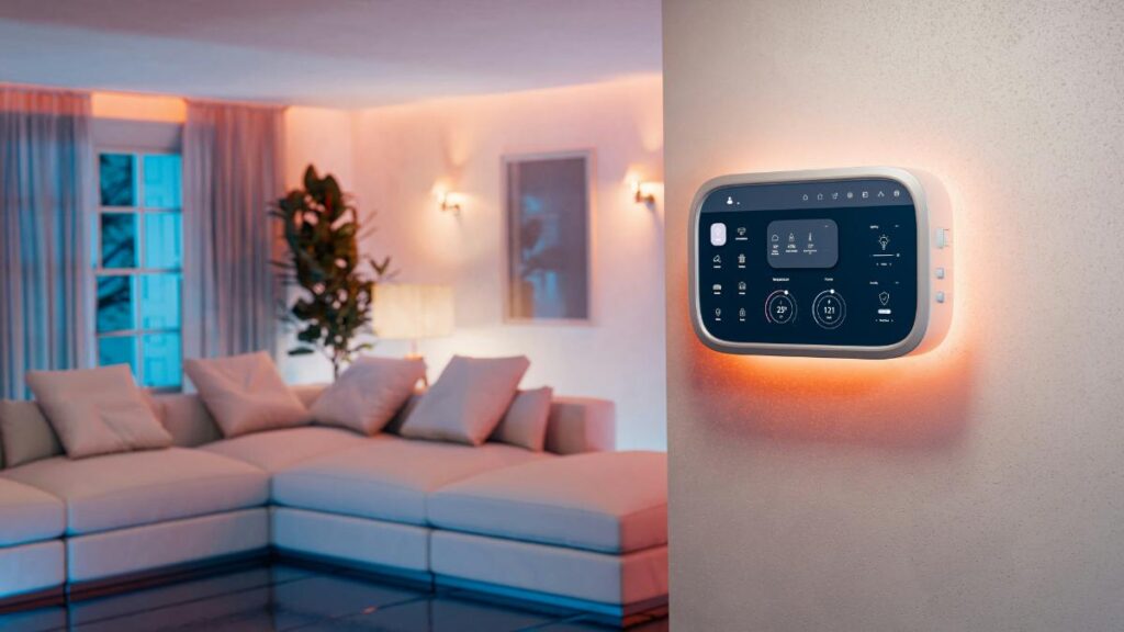 wall-mounted smart home device on wall entering living room