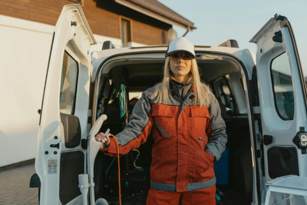 female worker standing outside of work van