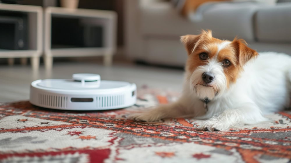 dog on rug next to robot vacuum cleaner