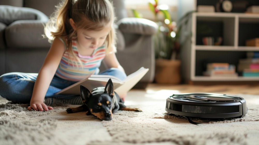 little girl and dog sitting in floor while robot vacuum cleans rug