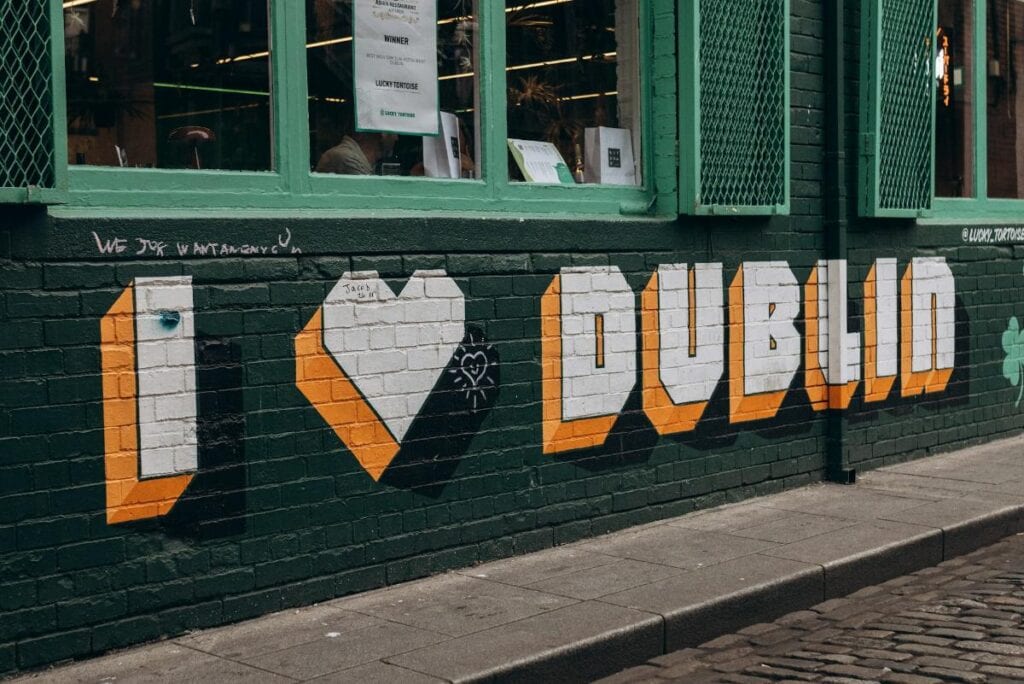 Colorful "I Love Dublin" street mural on a city building, celebrating Dublin’s vibrant culture and welcoming atmosphere during Bloomsday festivities.
