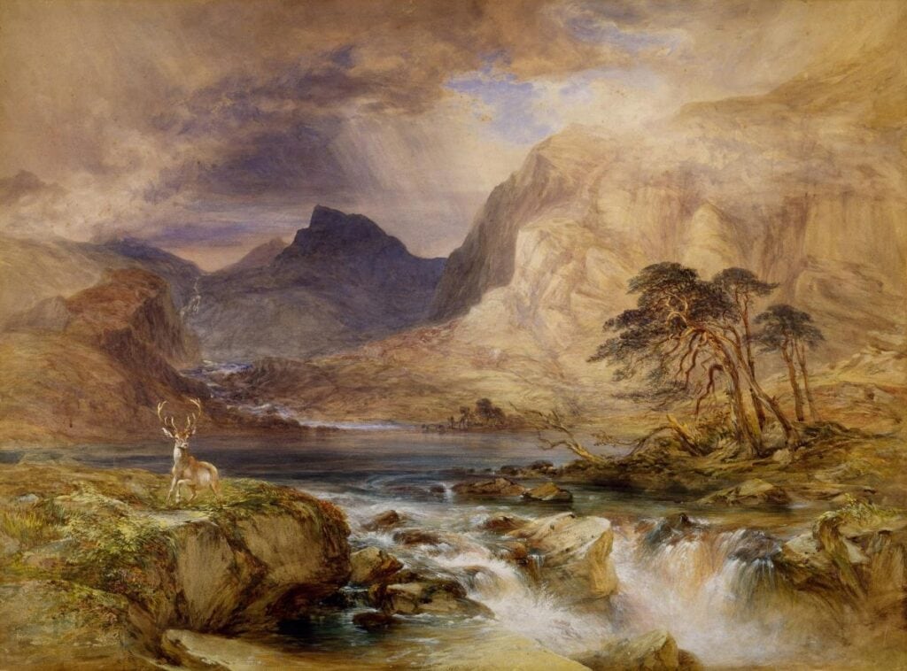 painting of deer by mountain stream