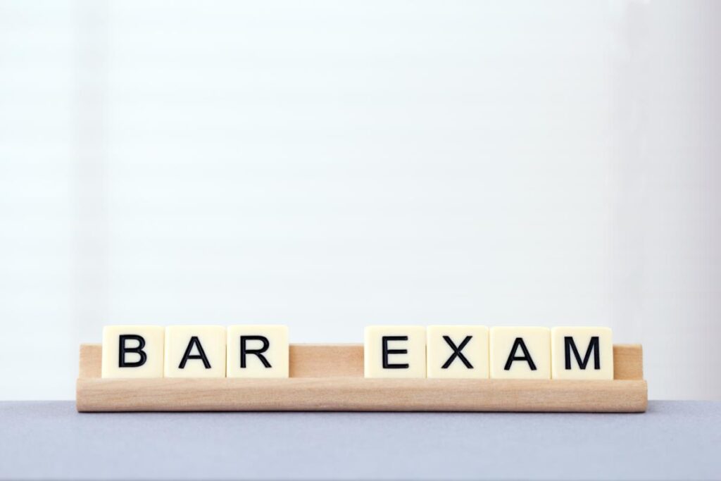 bar exam spelled out with alphabet tiles