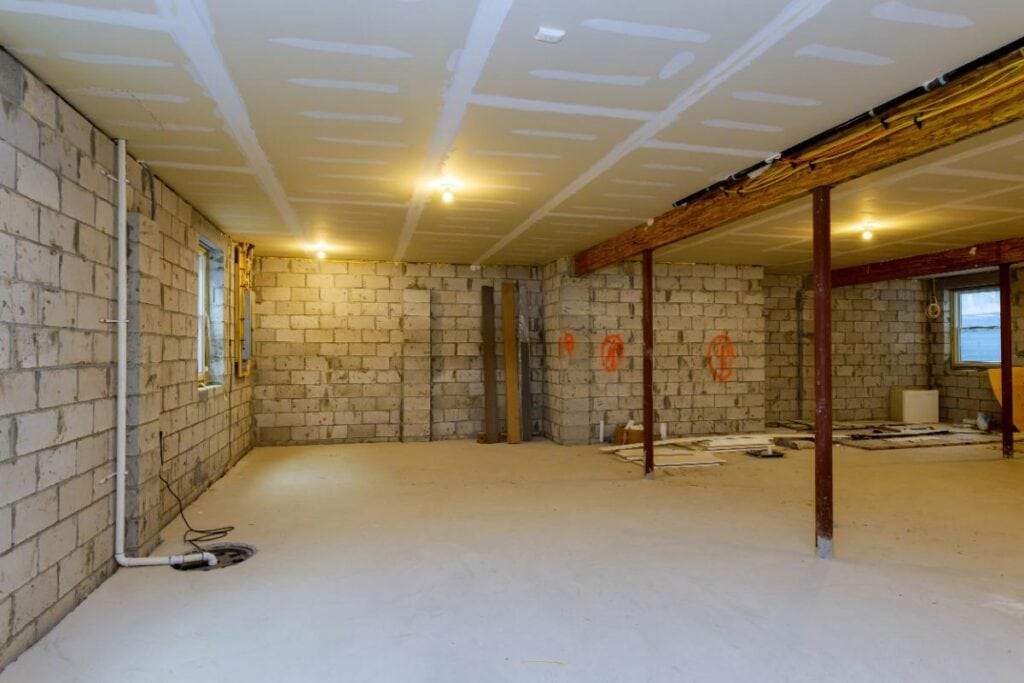 Unfinished basement prepared for renovation with exposed plumbing and floor drain.
