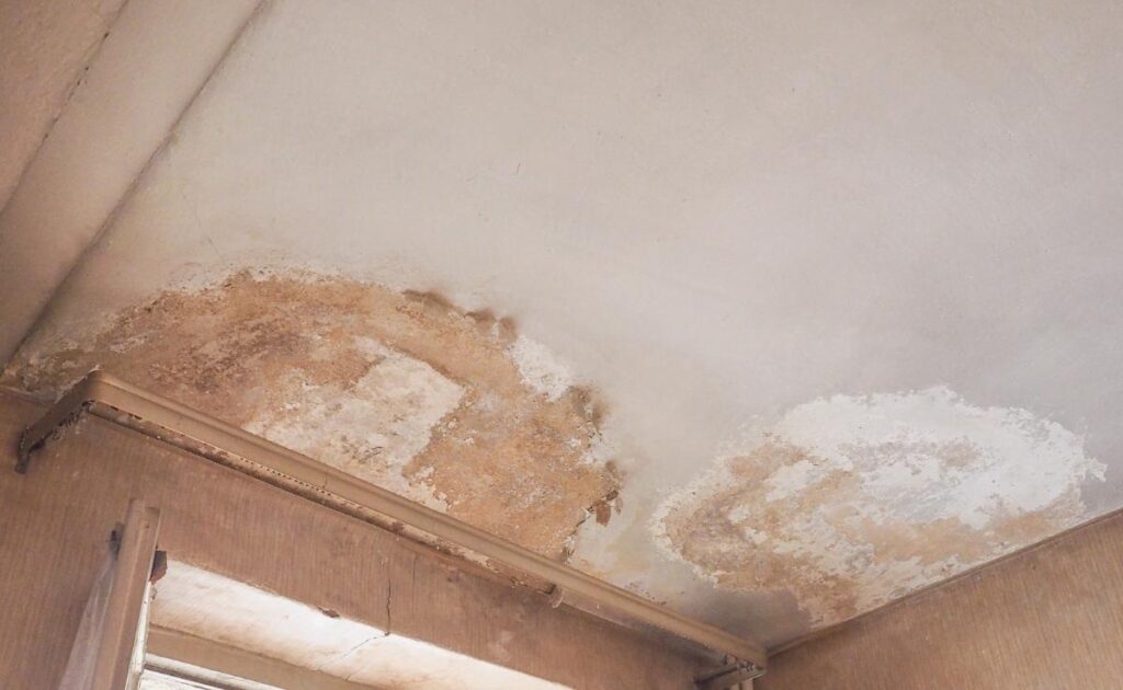 Water-damaged ceiling with peeling paint and stains caused by a roof or plumbing leak.