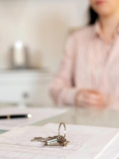 Commercial lease agreement with office keys on a desk.