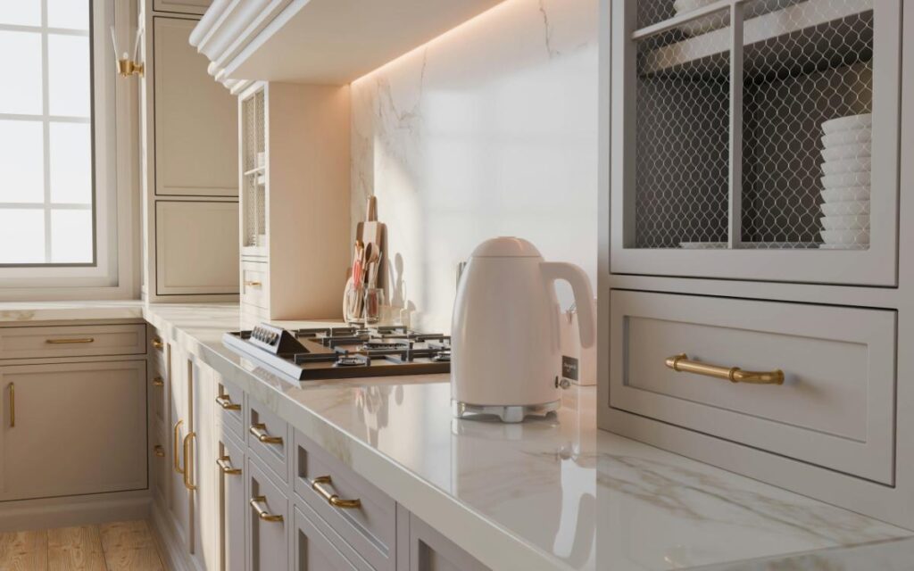 white cabinets brass handles