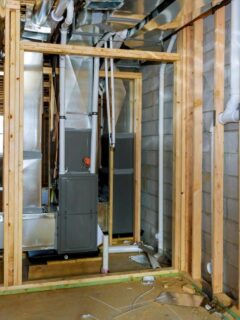 Basement framing with exposed plumbing, HVAC system, and utility connections.