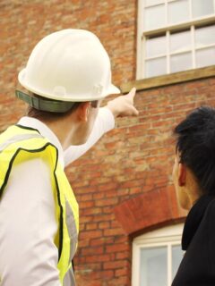 Property inspector examining a building's exterior for maintenance and structural issues.