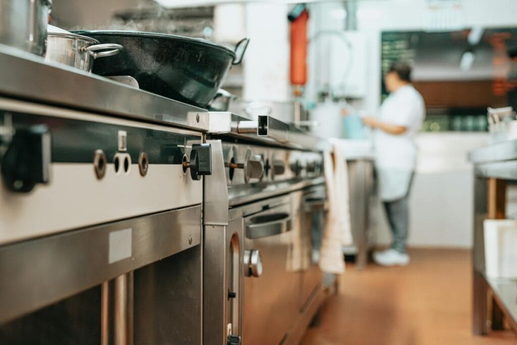 restaurant kitchen focus on skillet