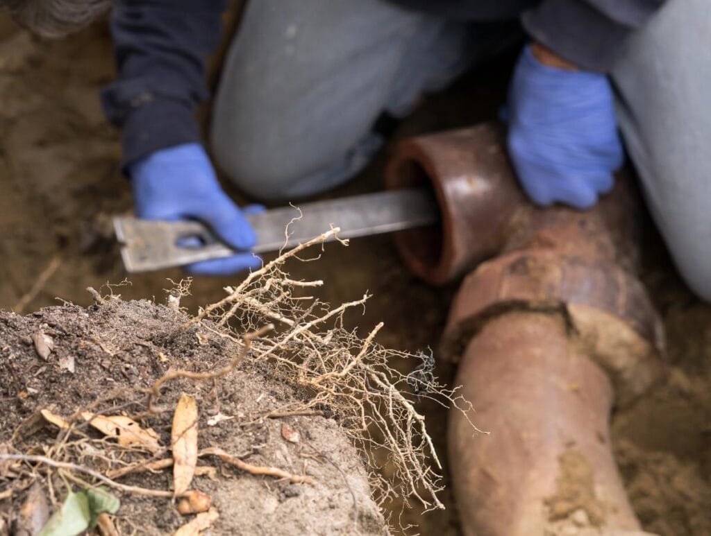 Plumber removing tree roots from a damaged sewer pipe, demonstrating a common cause of blocked drains and the need for professional drain cleaning.