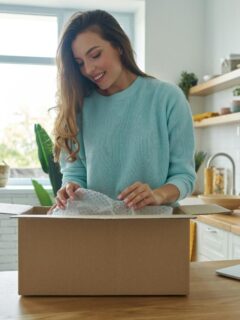 Person packing household items into a cardboard box for easy, organized storage.