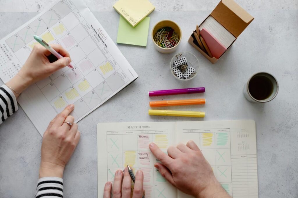 Family planning the week with a calendar.