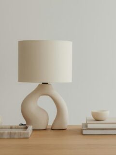 lamp, books, and accessories on a table