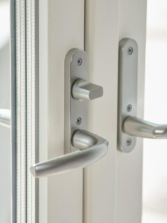 close up of handles on metal french door