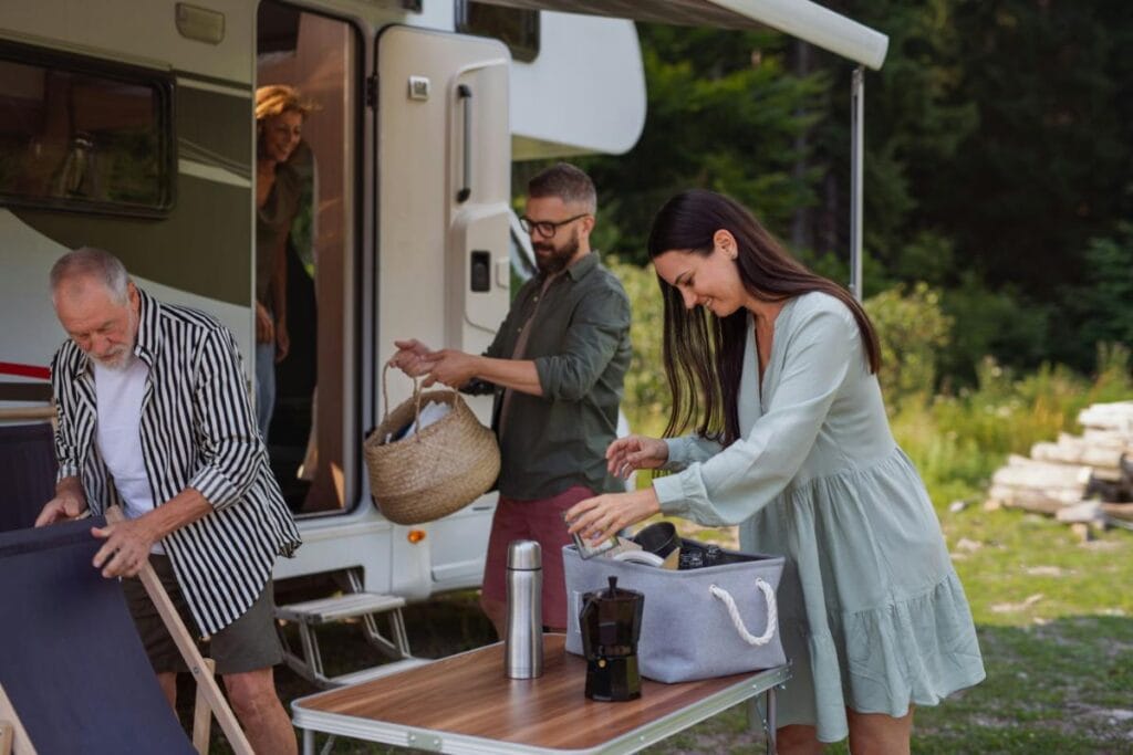 family enjoying a meal outside a camper
