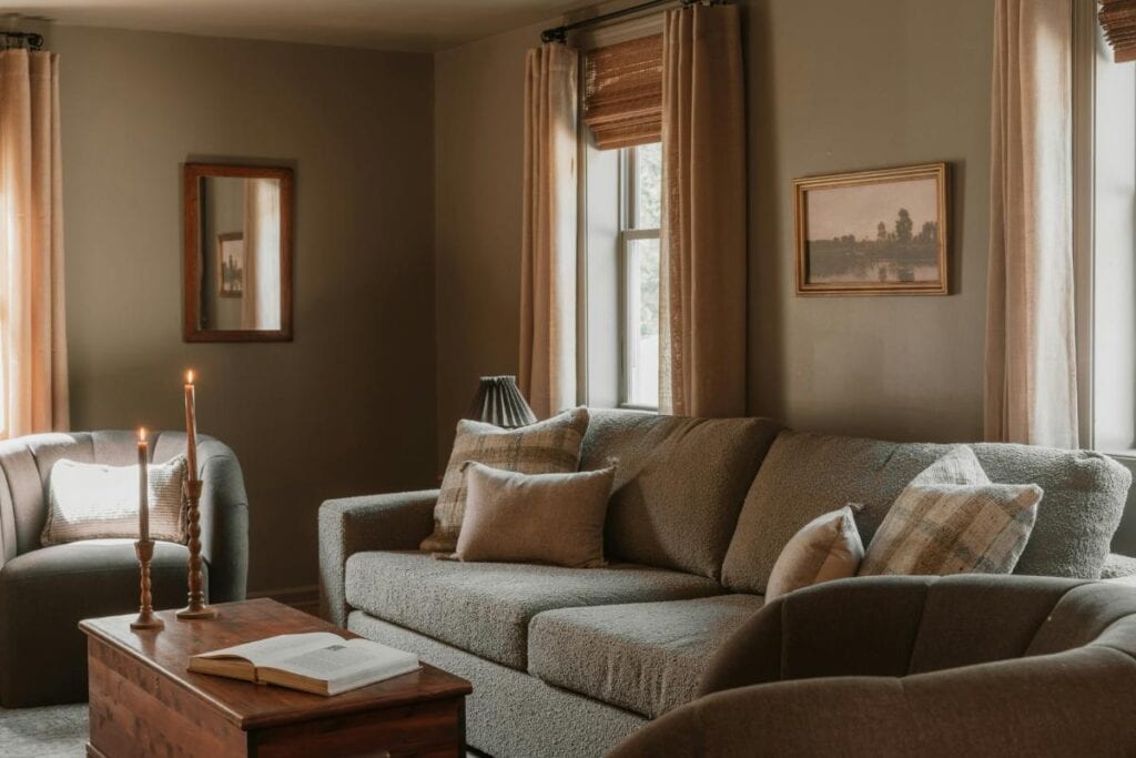 Warm neutral lounge with a textured sofa, armchairs, and wooden coffee table