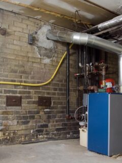 furnace in a basement of brick home or building